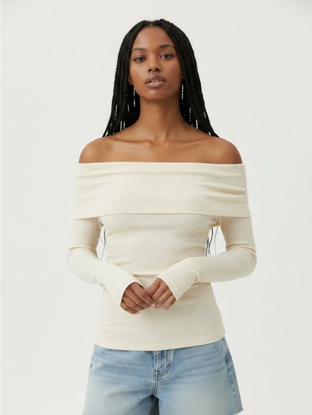 Zara Cream Off-Shoulder Long Sleeve Top